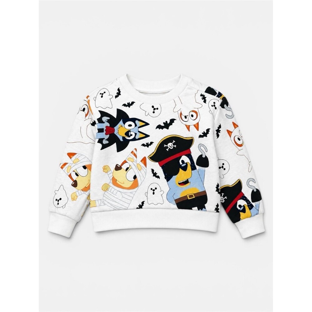 Bluey Halloween Sweatshirt White Graphic Crewneck Ghost Pirate Print 2T NWT